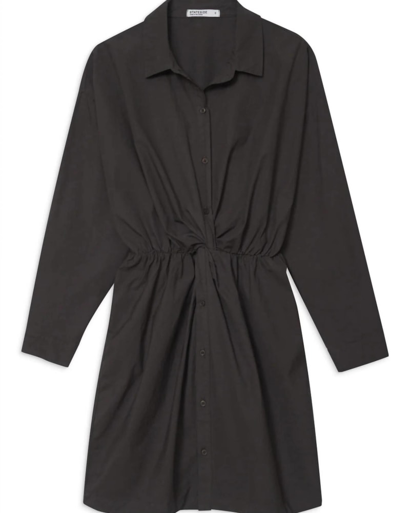 Front of a model wearing a size L Structured Poplin Front Twist Shirt Dress In Walnut in Walnut by STATESIDE. | dia_product_style_image_id:342439